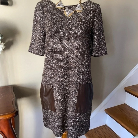 Tibi Wool Brown Tweed Wool & Leather Shift Dress - Picture 1 of 8